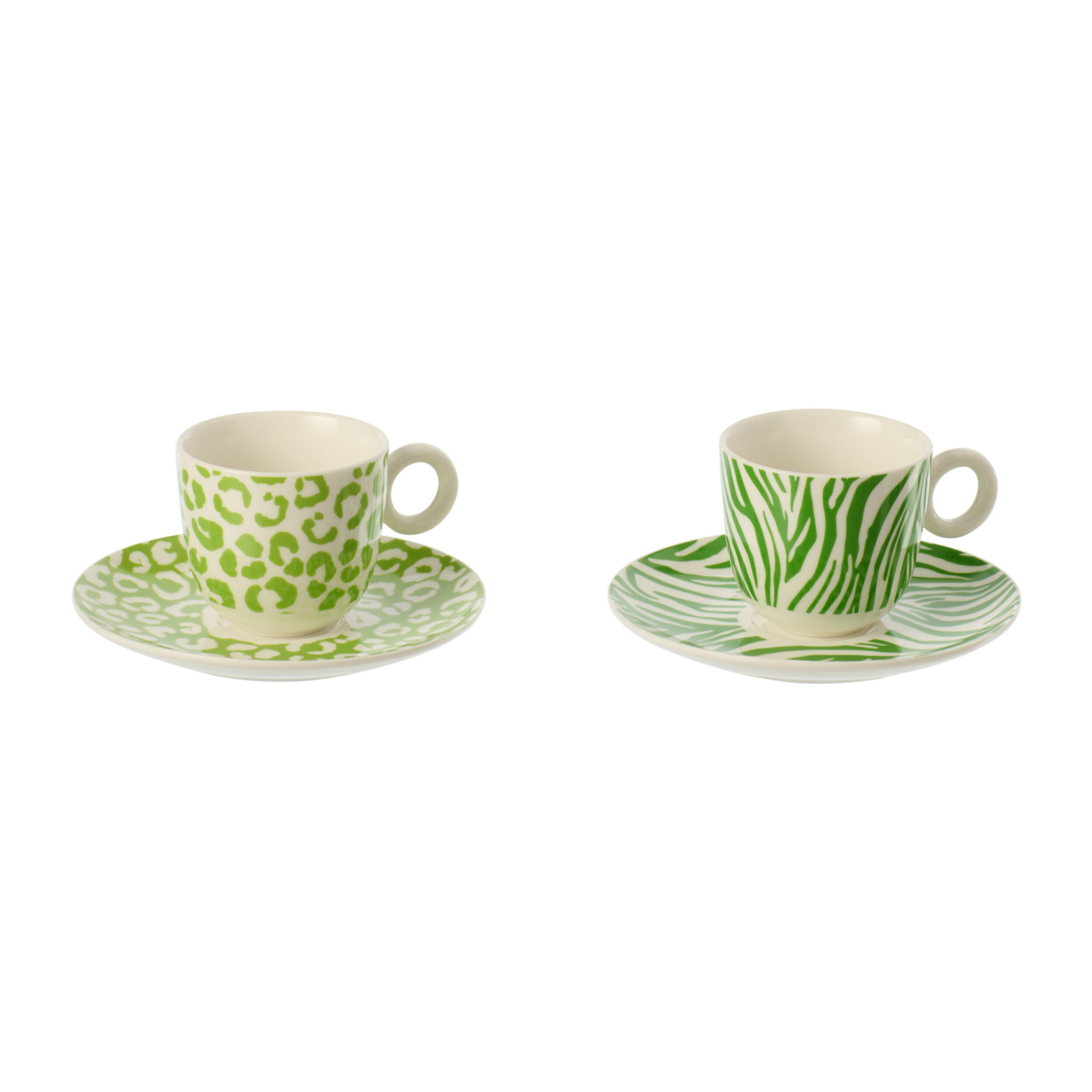 J-Line Tasse + Sous-tasse Léopard + Zèbre - porcelaine - vert/blanc - small - set de 2