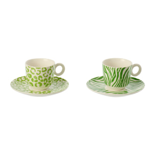 J-Line Tasse + Sous-tasse Léopard + Zèbre - porcelaine - vert/blanc - small - set de 2