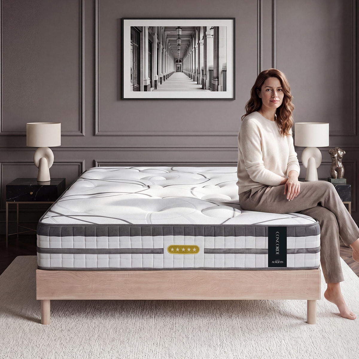 Ensemble Matelas Hybride Concorde & Sommier Bois, Ressorts Ensachés & Mémoire de Forme, 26 cm, Technologie Tri-lattes, Soutien Ferme