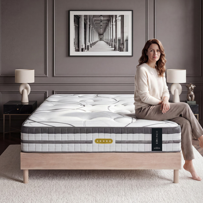 Ensemble Matelas Hybride Concorde & Sommier Bois, Ressorts Ensachés & Mémoire de Forme, 26 cm, Technologie Tri-lattes, Soutien Ferme