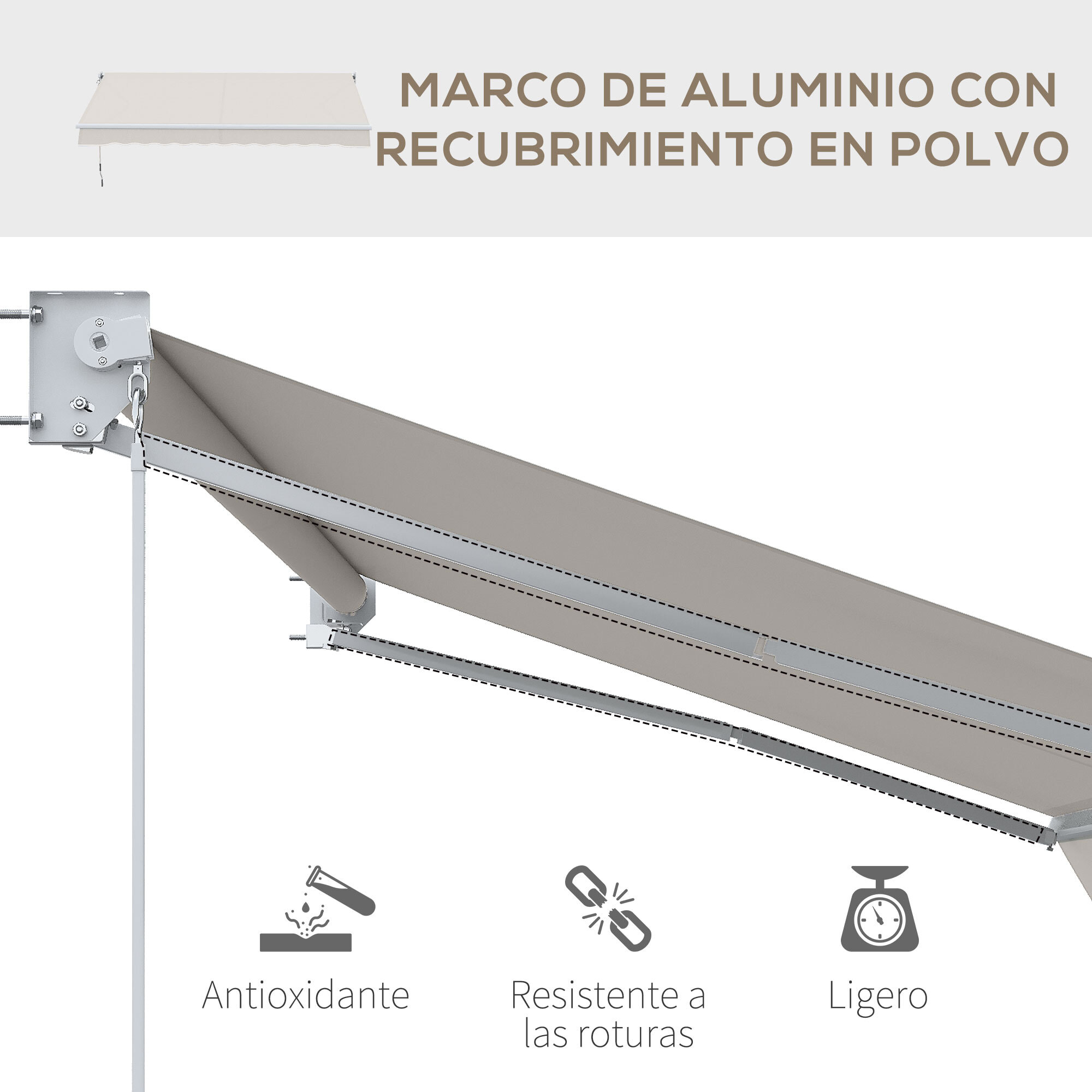 Toldo Manual Retrá¡ctil con Manivela de Aluminio 200x250 cm Toldo de Pared o Techo con Protección Solar UV50+ para Jardín Terraza Exterior Crema