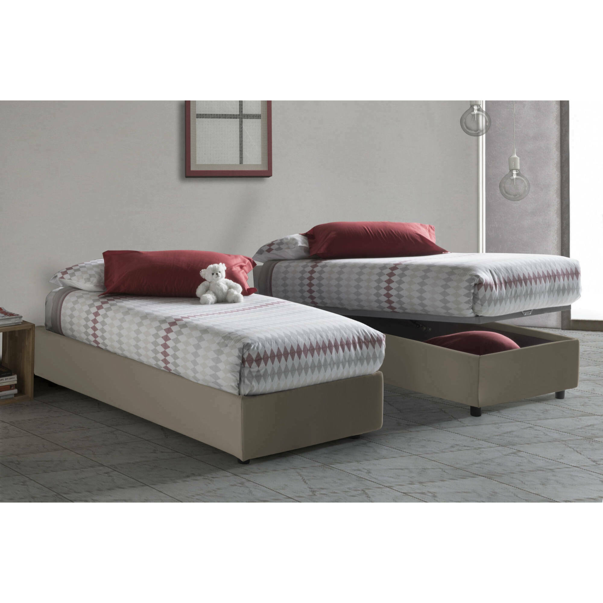 Letto singolo Ambra, Letto contenitore con rivestimento in ecopelle, 100% Made in Italy, Apertura frontale, adatto per materasso Cm 80x190, Tortora