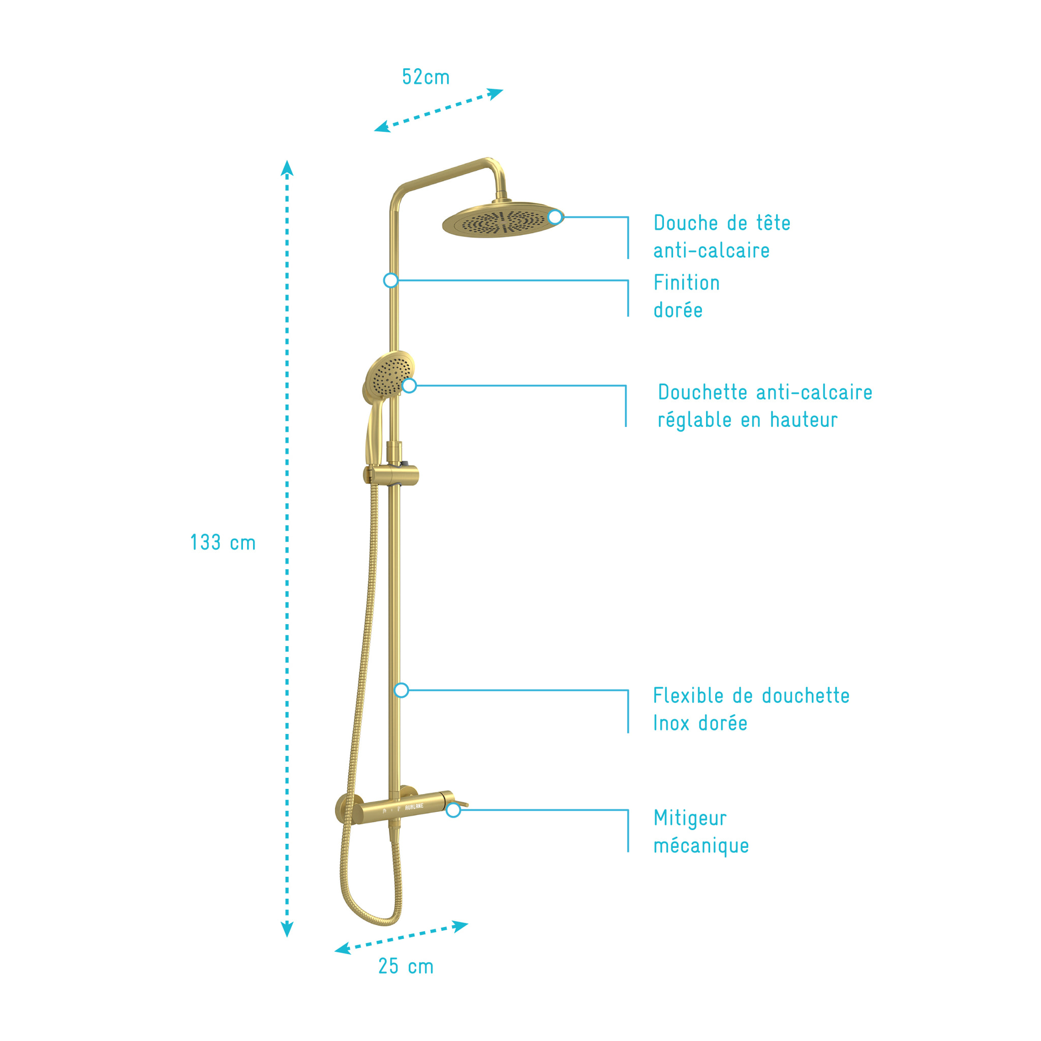 Colonne de douche Mécanique finition Or Doré Brossé - 133x26x52 cm - MOLLY GOLD