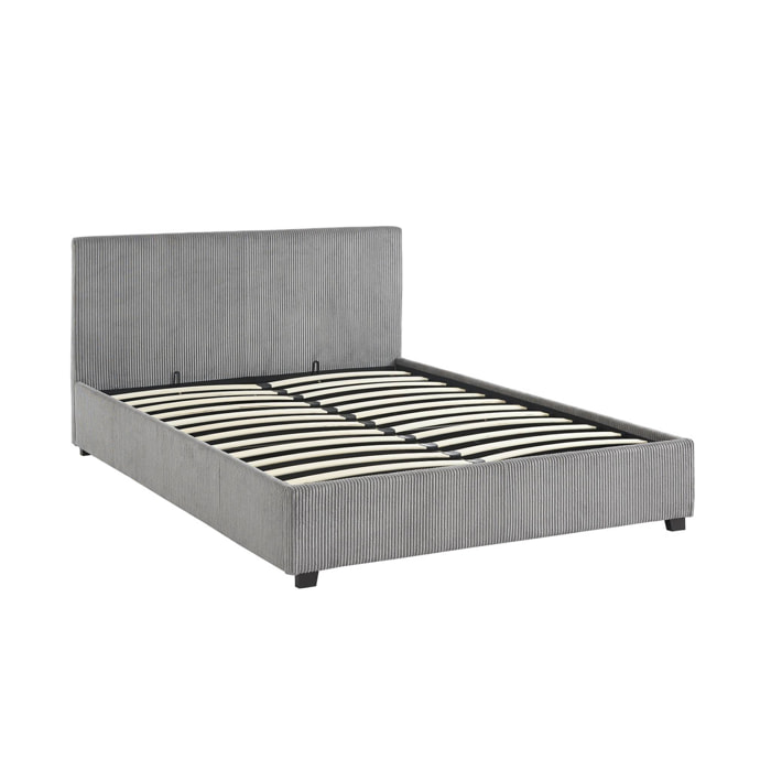 Lit coffre avec sommier à lattes et tête de lit. finition velours côtelé gris. L 202 x P 148 x H 86cm
