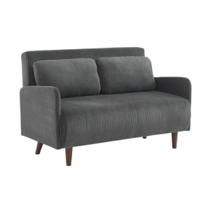 Canapé convertible en velours côtelé - Panam - 2 places scandinave. pieds bois foncé. gris foncé. banquette. dossier inclinable