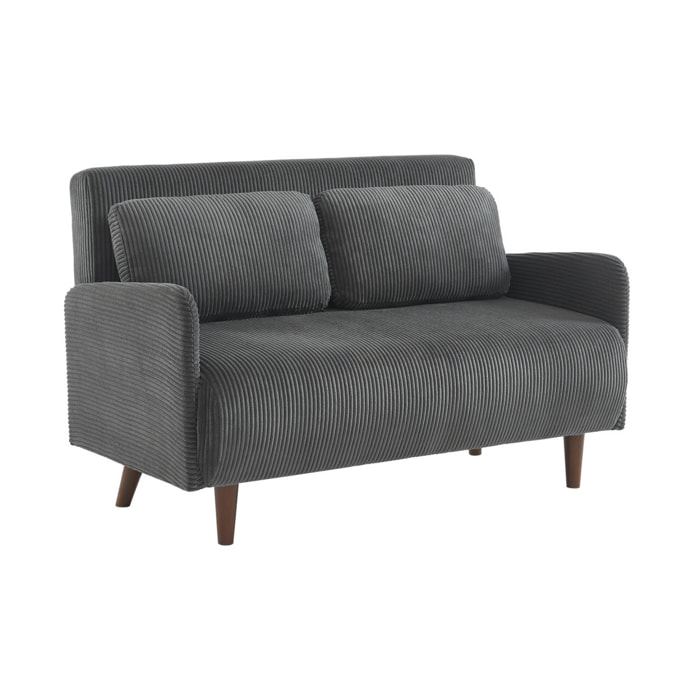 Canapé convertible en velours côtelé - Panam - 2 places scandinave. pieds bois foncé. gris foncé. banquette. dossier inclinable