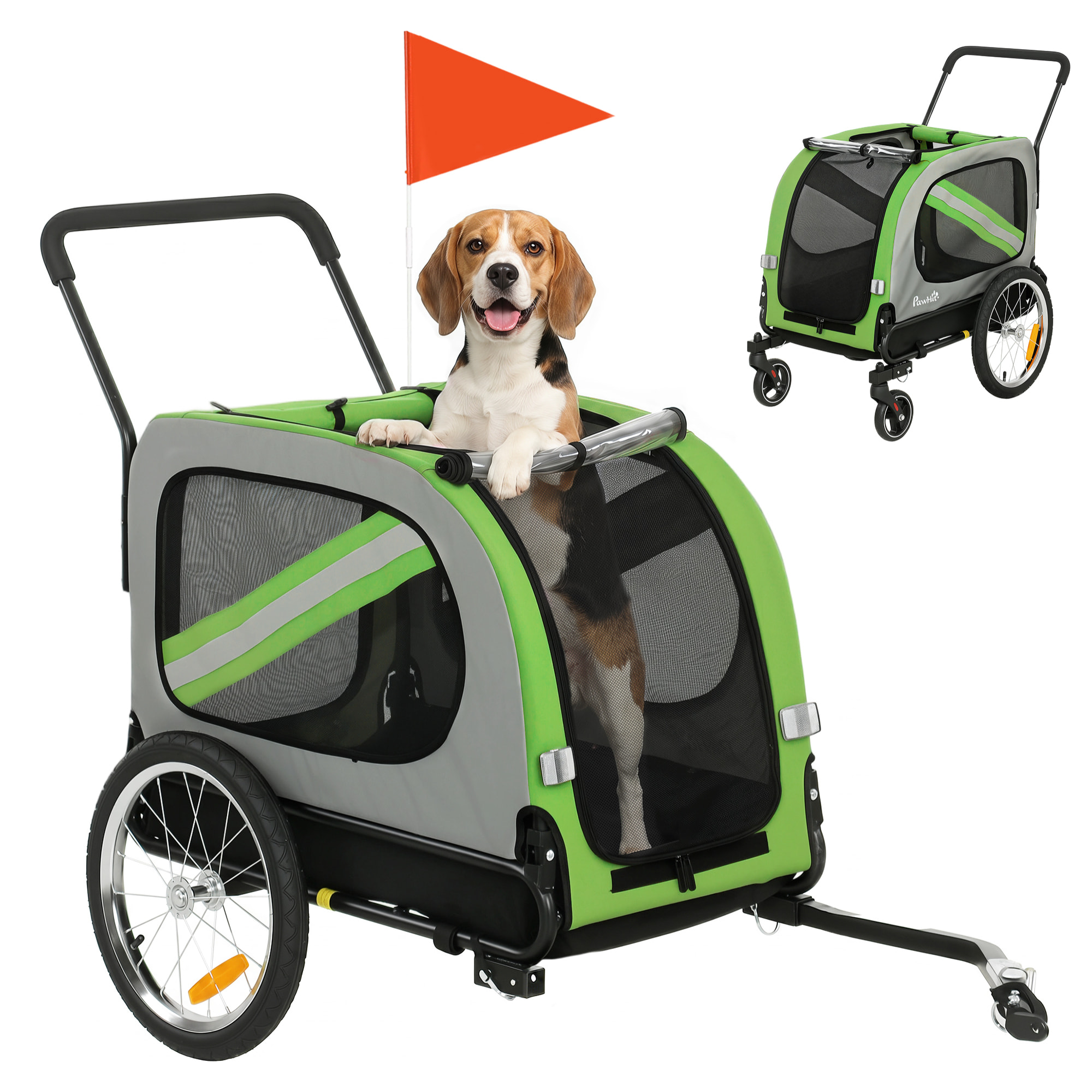 Remolque de Bicicleta para Perros 2 en 1, Carrito para Perros Medianos y Gatos Plegable con Cinturón de Seguridad, Bandera y Reflectores, Carga 20 kg, 134x62x101 cm, Verde