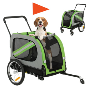 Remolque de Bicicleta para Perros 2 en 1, Carrito para Perros Medianos y Gatos Plegable con Cinturón de Seguridad, Bandera y Reflectores, Carga 20 kg, 134x62x101 cm, Verde