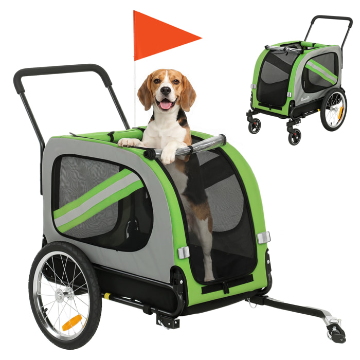 Remolque de Bicicleta para Perros 2 en 1, Carrito para Perros Medianos y Gatos Plegable con Cinturón de Seguridad, Bandera y Reflectores, Carga 20 kg, 134x62x101 cm, Verde