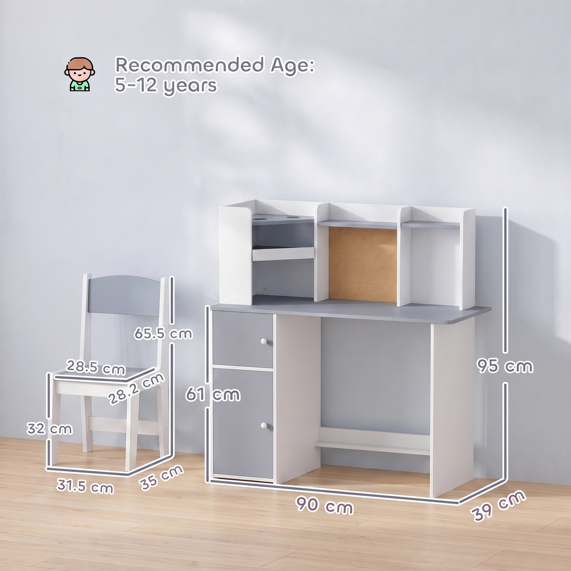 Bureau enfant chaise design multi-rangement avec panneau en liège blanc gris