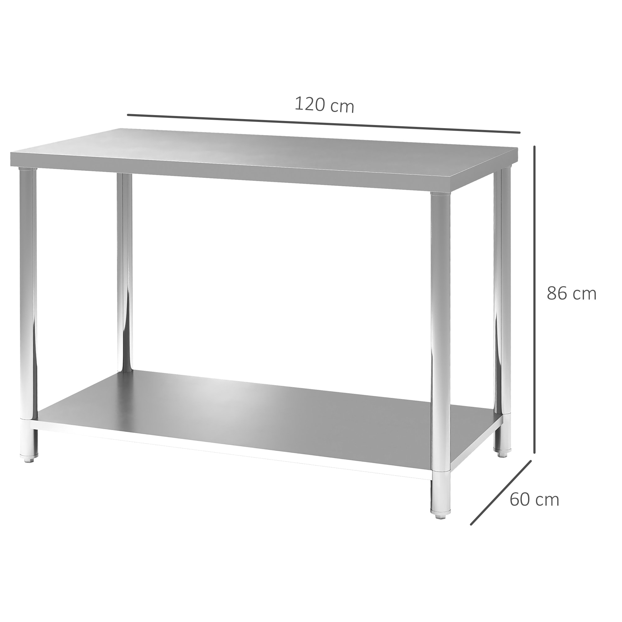 HOMCOM Mesa de Trabajo de Acero Inoxidable con 2 Estantes, Banco de Trabajo Taller Resistente para Cocina, Garaje, Carga 100 kg, 120x60x86 cm, Plata