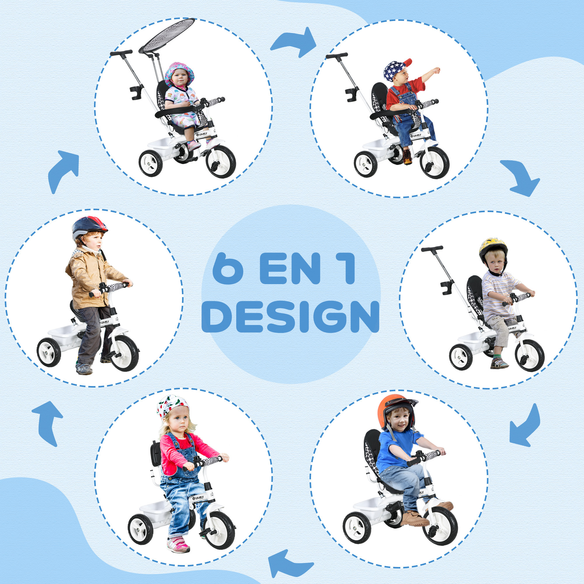 Tricycle enfant pare-soleil pliable canne amovible benne rangement acier blanc noir