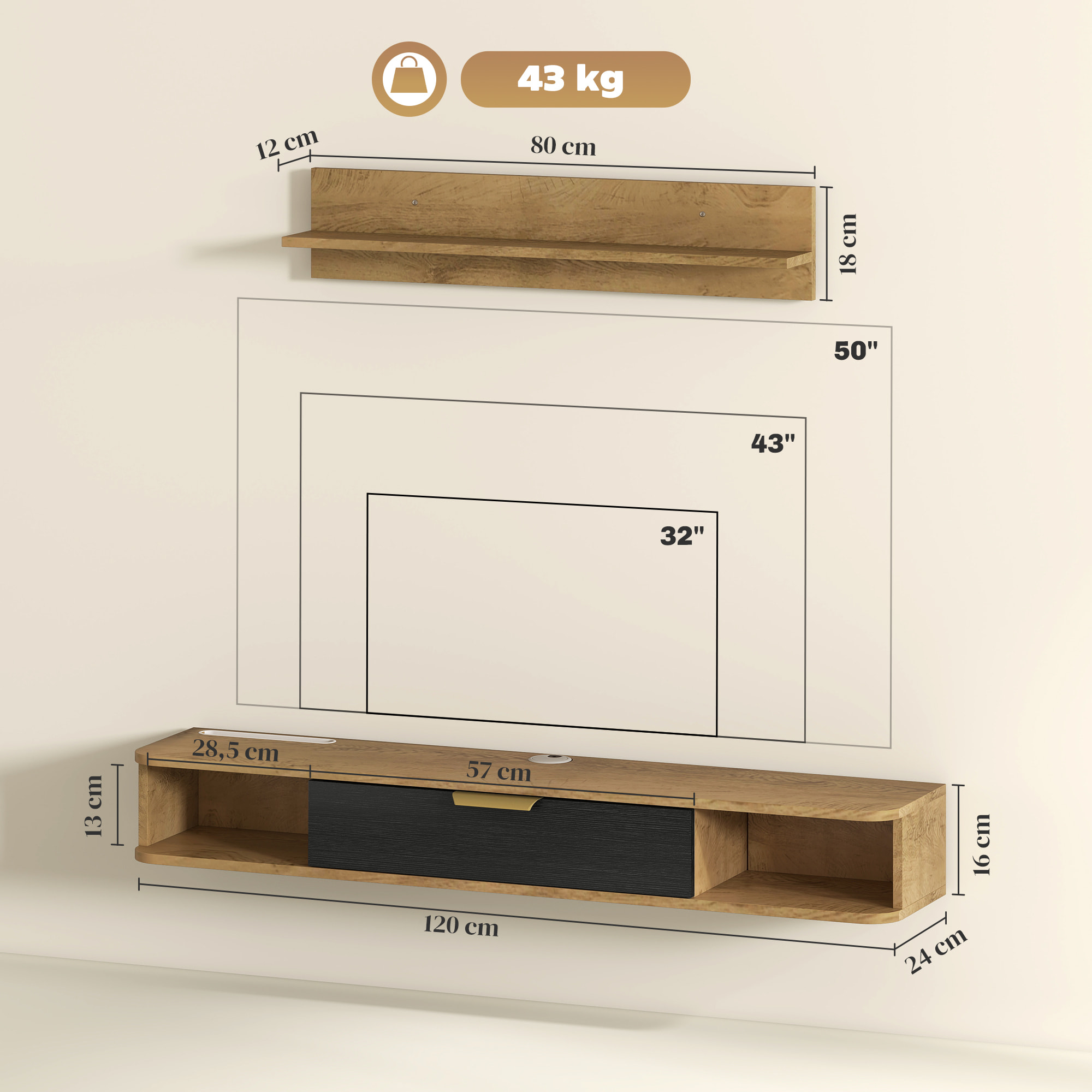 Conjunto de Muebles de Salón, Muebles de TV con Estante de Pared, Puerta, Estantes Abiertos, Orificios para Cables, para Televisión de Pared, 120x24x16 cm, Roble