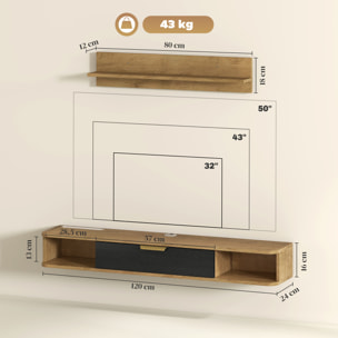 Conjunto de Muebles de Salón, Muebles de TV con Estante de Pared, Puerta, Estantes Abiertos, Orificios para Cables, para Televisión de Pared, 120x24x16 cm, Roble