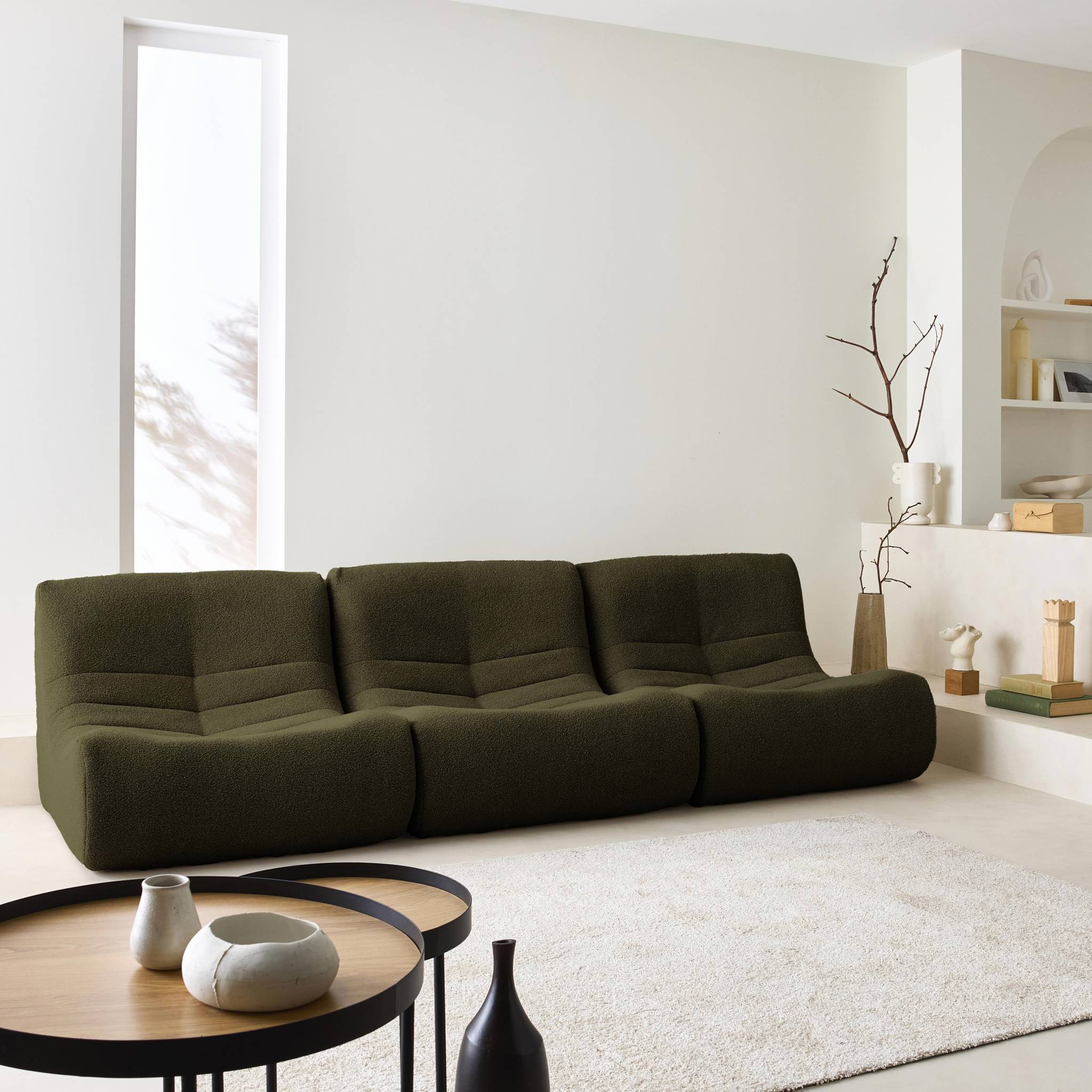 Lot de 3 fauteuils chauffeuses en bouclette texturée kaki foncé style contemporain 1 place