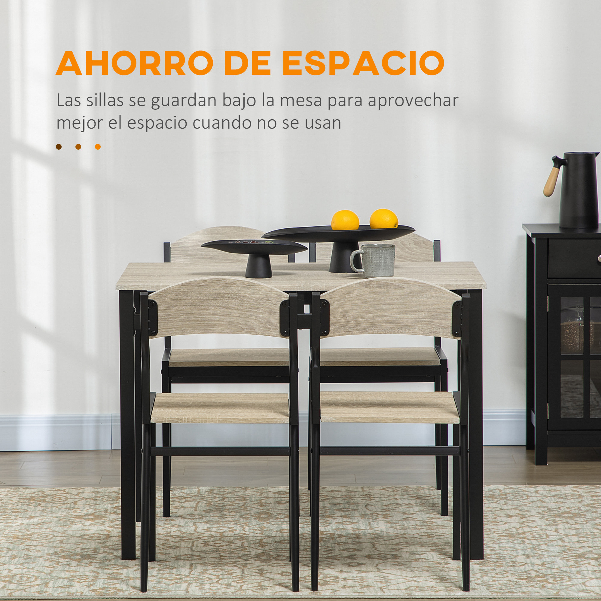 Juego de Mesa y Sillas de Comedor, Mesa de Cocina Rectangular con 4 Sillas, Estilo Moderno, Marco Metálico, para Espacios Pequeños, Salón, Roble y Negro