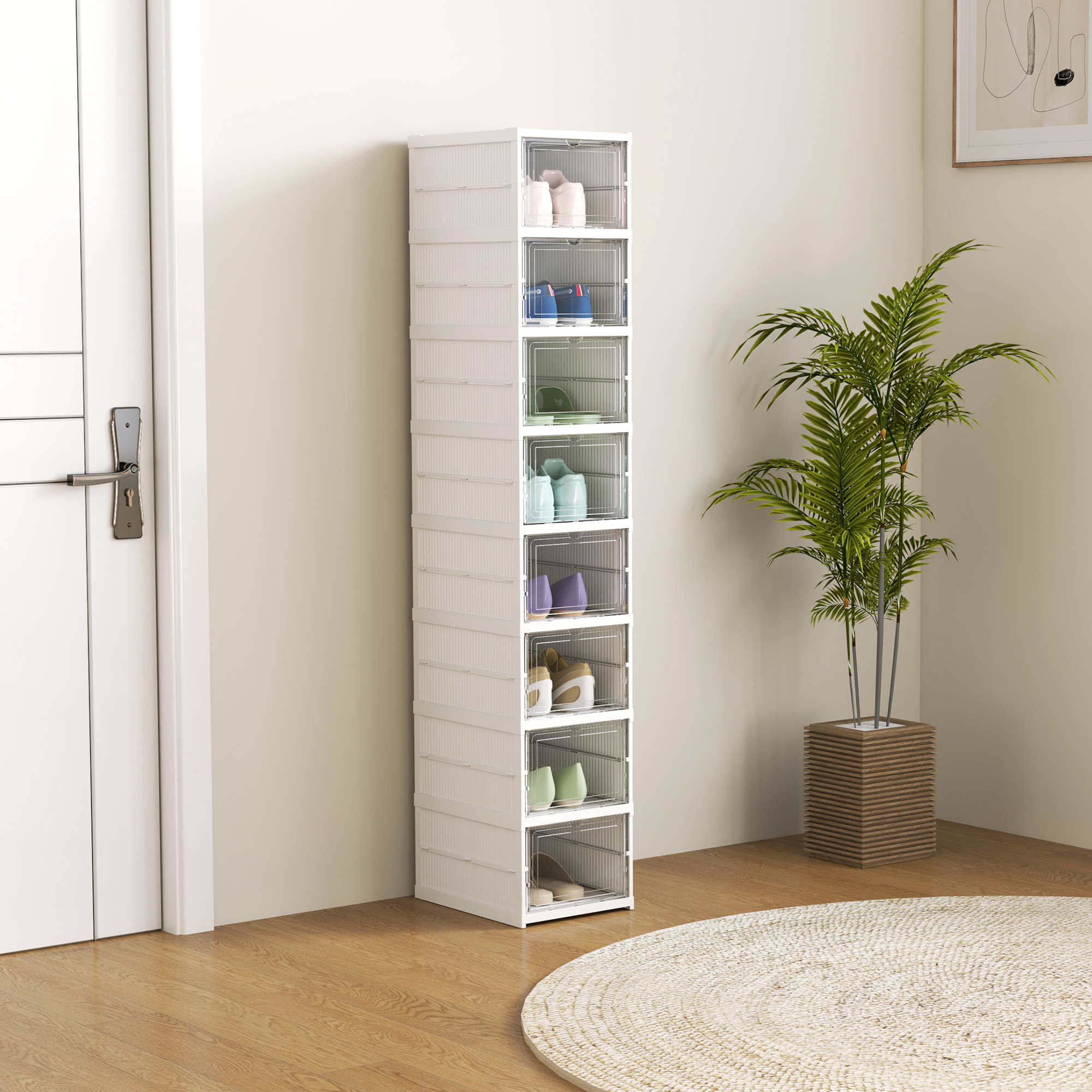 Cajas para Zapatos Apilables, Juego de 8 Organizadores para Zapatos Portátil, Zapatero Plegable con Puertas Transparentes, hasta Talla 43, No Requiere Montaje, Blanco