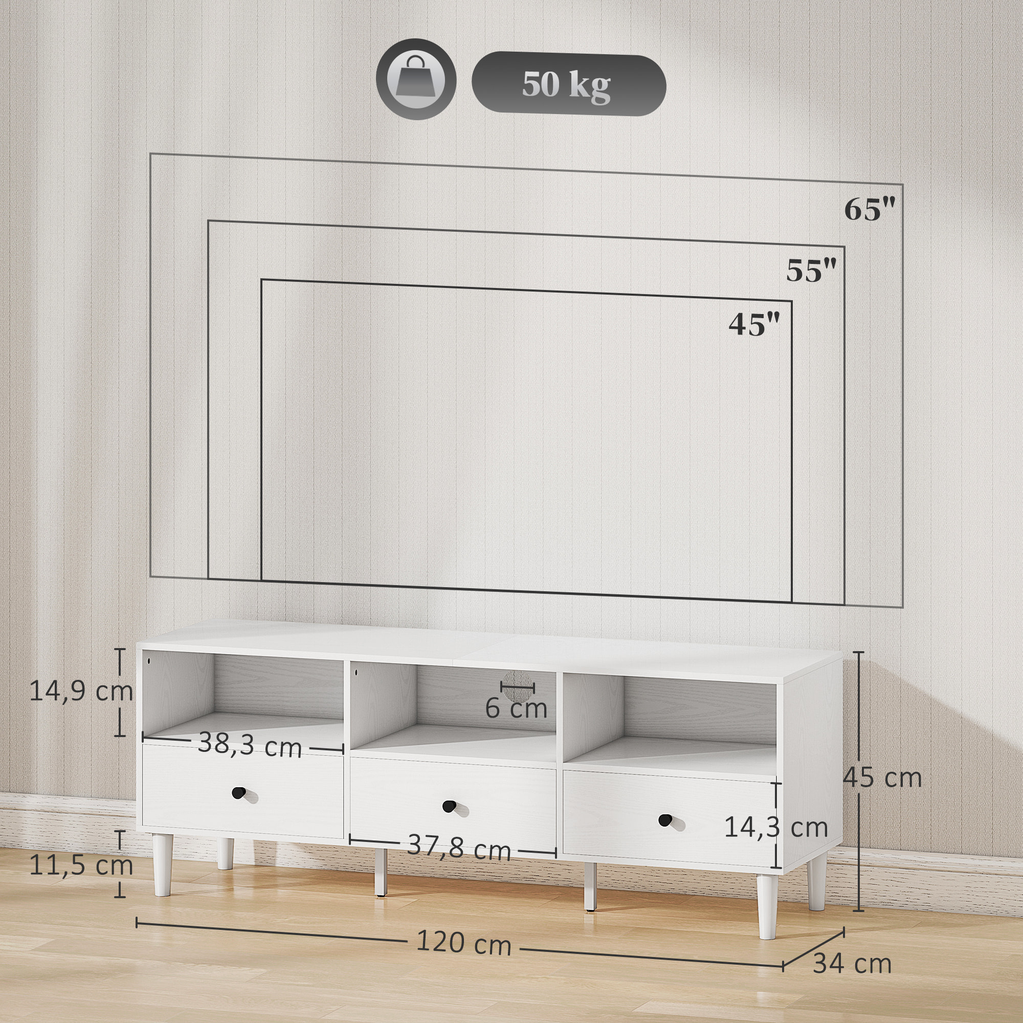 Mueble de TV Moderno Mueble de TV para Salón con 3 Compartimentos Abiertos 3 Cajones y Orificio para Cables para Televisión de 45/55/65 Pulgadas 120x34x45 cm Blanco