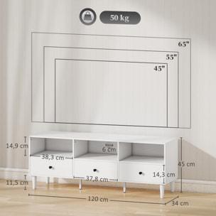 Mueble de TV Moderno Mueble de TV para Salón con 3 Compartimentos Abiertos 3 Cajones y Orificio para Cables para Televisión de 45/55/65 Pulgadas 120x34x45 cm Blanco