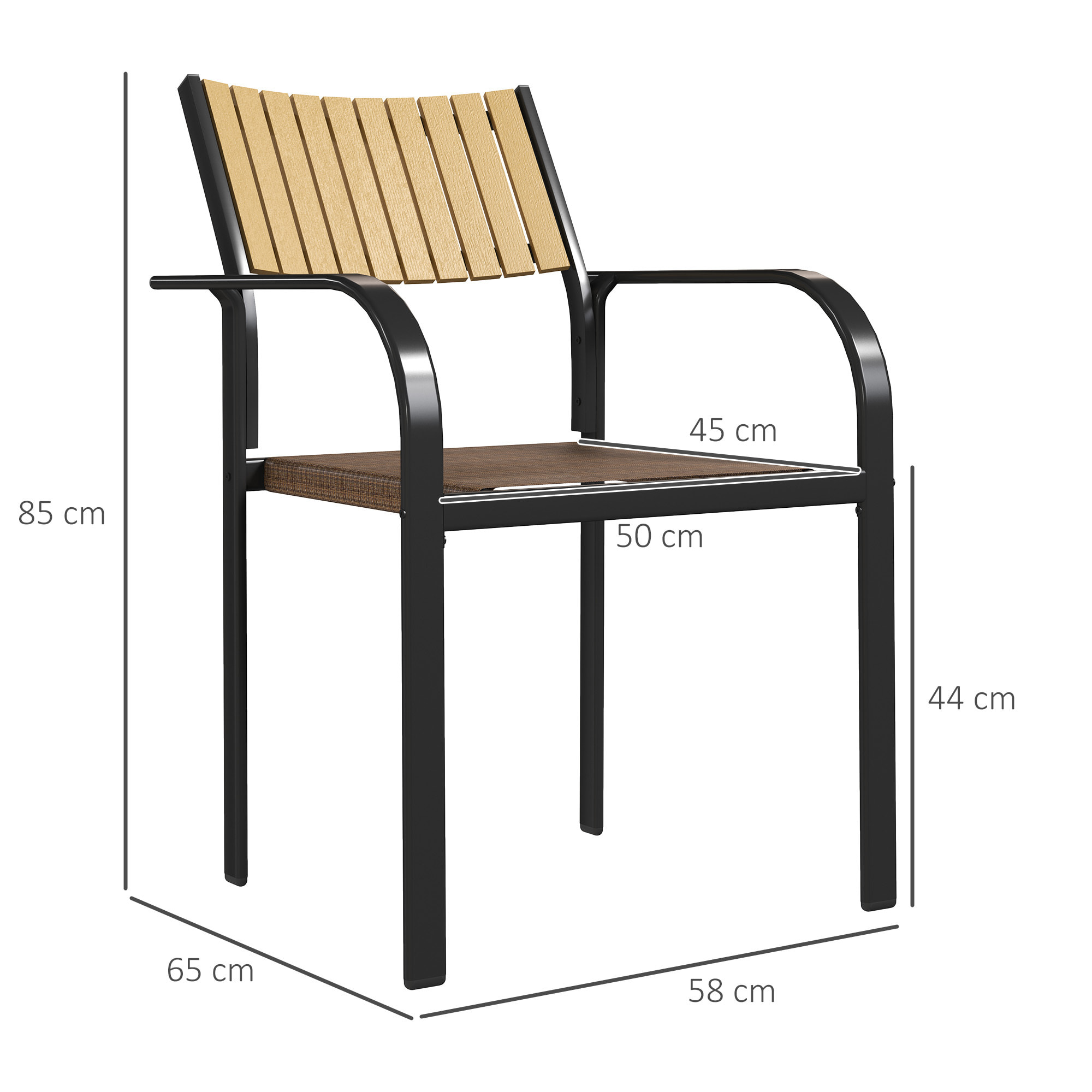 Juego de 4 Sillas de Jardín Exterior Sillas Terraza Exterior Apilables Sillón de Comedor con Tela Transpirable Marco de Acero Reposabrazos y Respaldo 58x65x85 cm Marrón