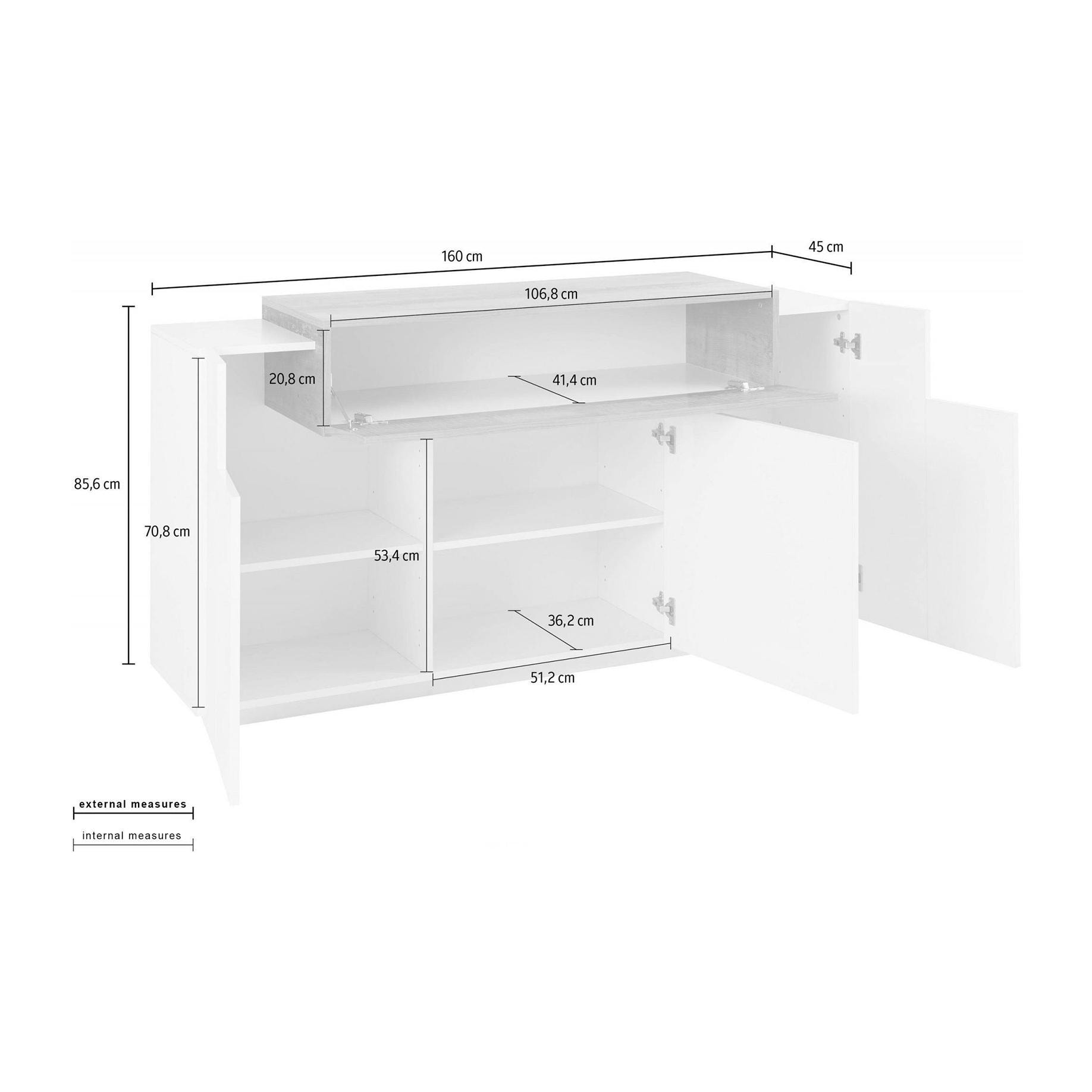 Credenza moderna a 4 ante con ribalta, Made in Italy, Madia da cucina, Buffet di design da soggiorno, cm 160x45h86, colore Bianco lucido e Grigio Cenere