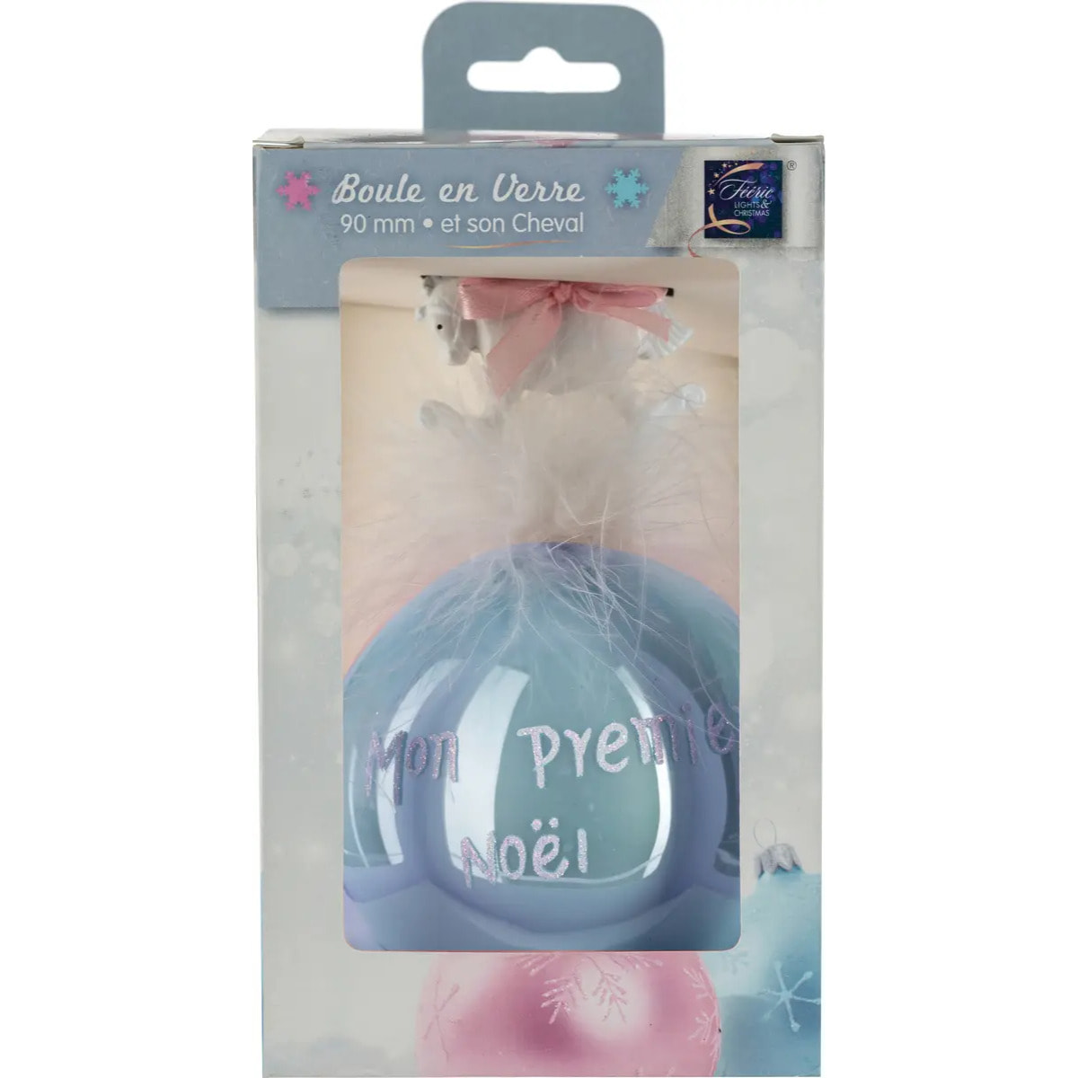 Boule de Noël Mon Premier Père Noël + Cheval 90mm bleu en verre
