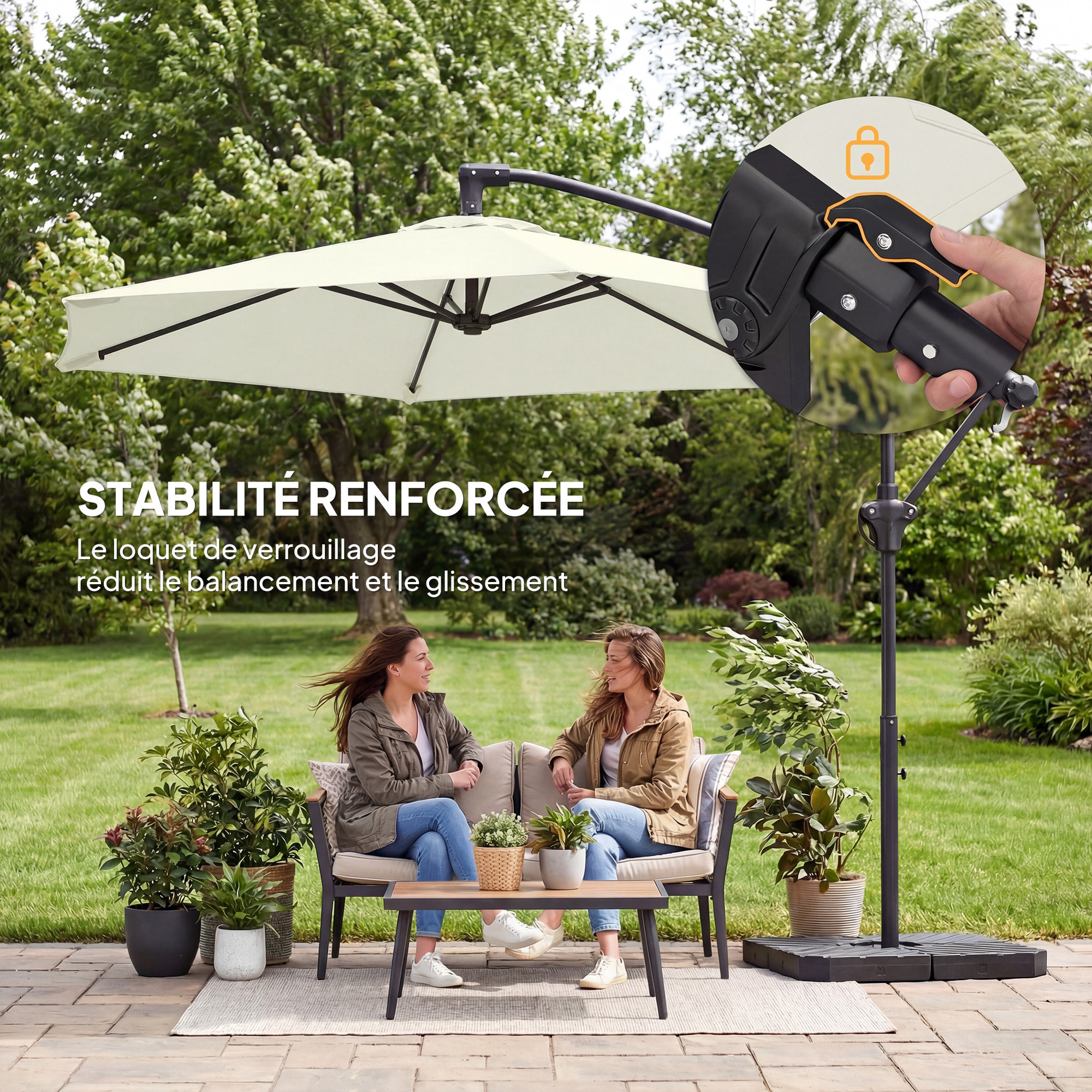 Parasol déporté 3 m avec pied en croix et dalles lestage, parasol de jardin extérieur avec manivelle et loquet de verrouillage, toile polyester 180 g/m², protection UV 30+, crème