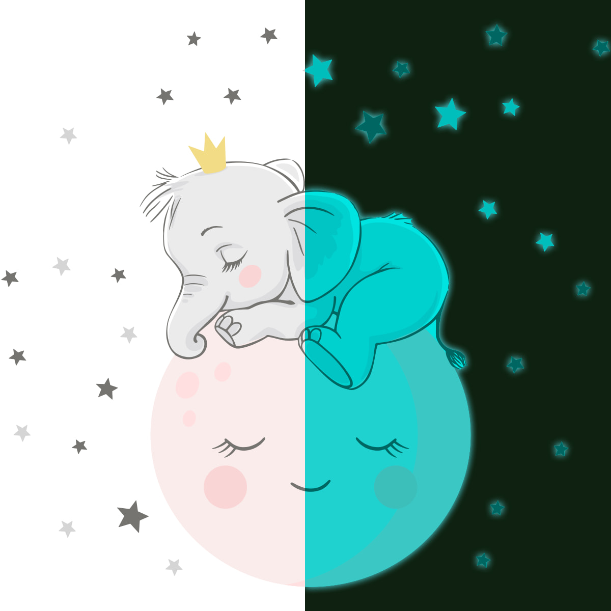 Sticker phosphorescent lumineux - ENFANT BÉBÉ ÉLÉPHANT SUR LA LUNE ET 30 ÉTOILES