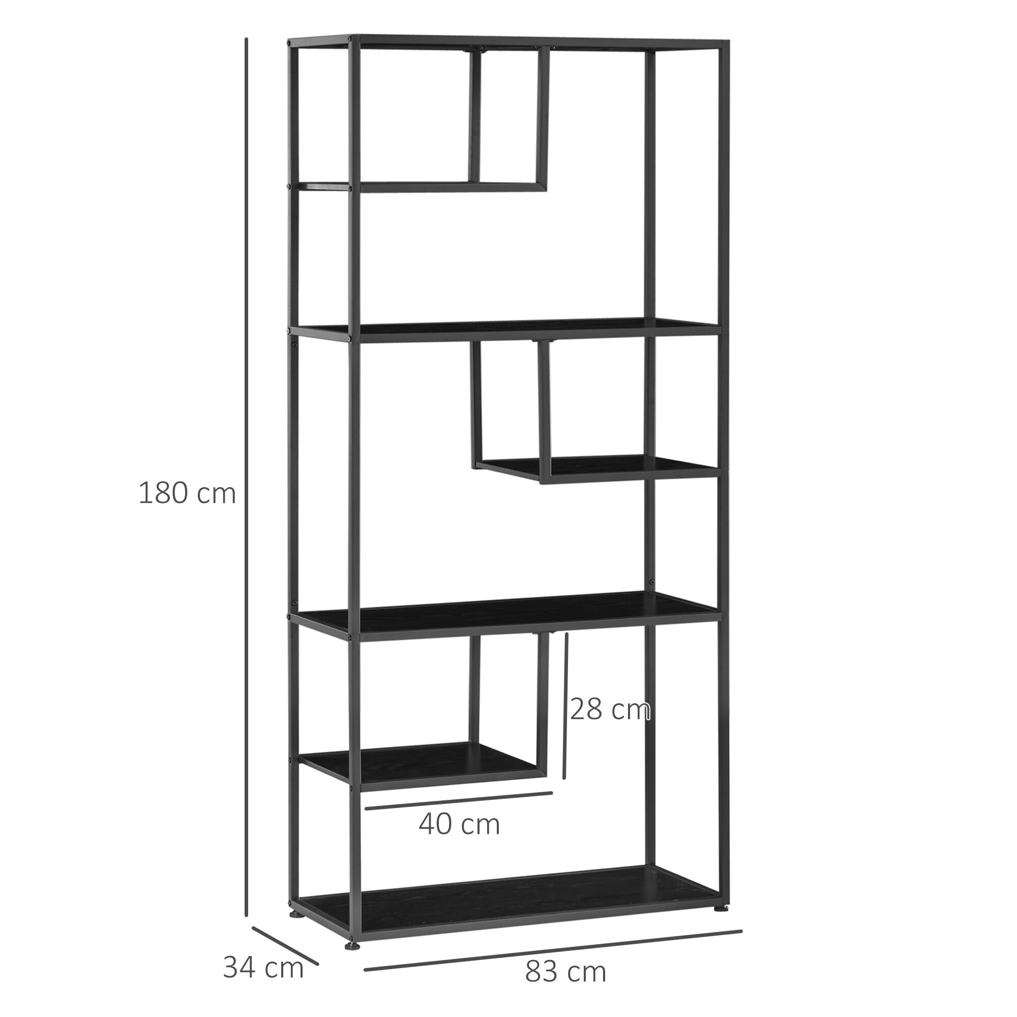 Bibliothèque étagère de rangement à 7 niveaux style industriel acier bois noir