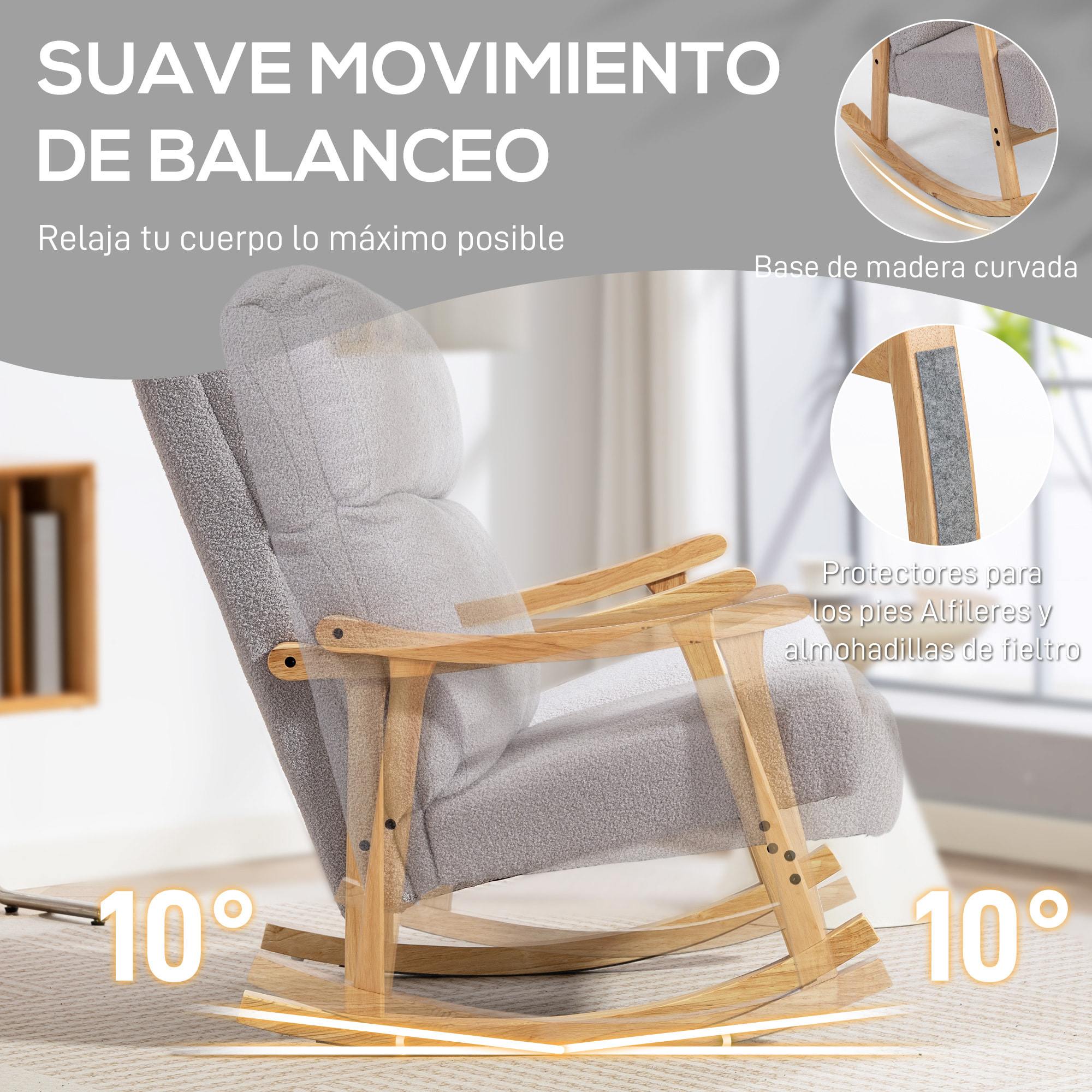 Silla Mecedora de Borreguito Moderna, Mecedora con Patas y Reposabrazos de Madera de Caucho, Respaldo Alto, Sillón de Lactancia Carga 120 kg, para Dormitorio, Salón