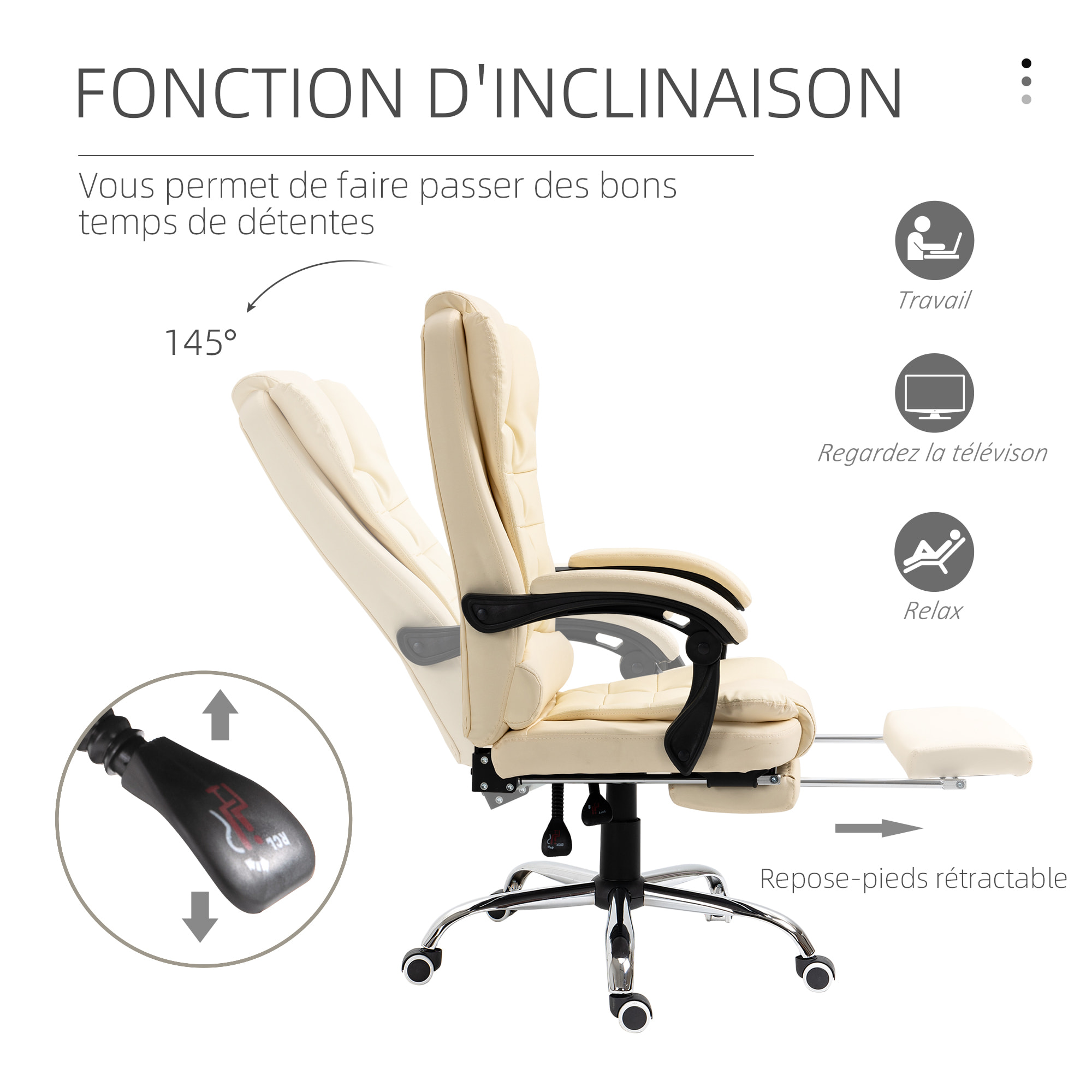 Fauteuil de bureau fauteuil manager grand confort réglable dossier inclinable repose-pied revêtement synthétique crème