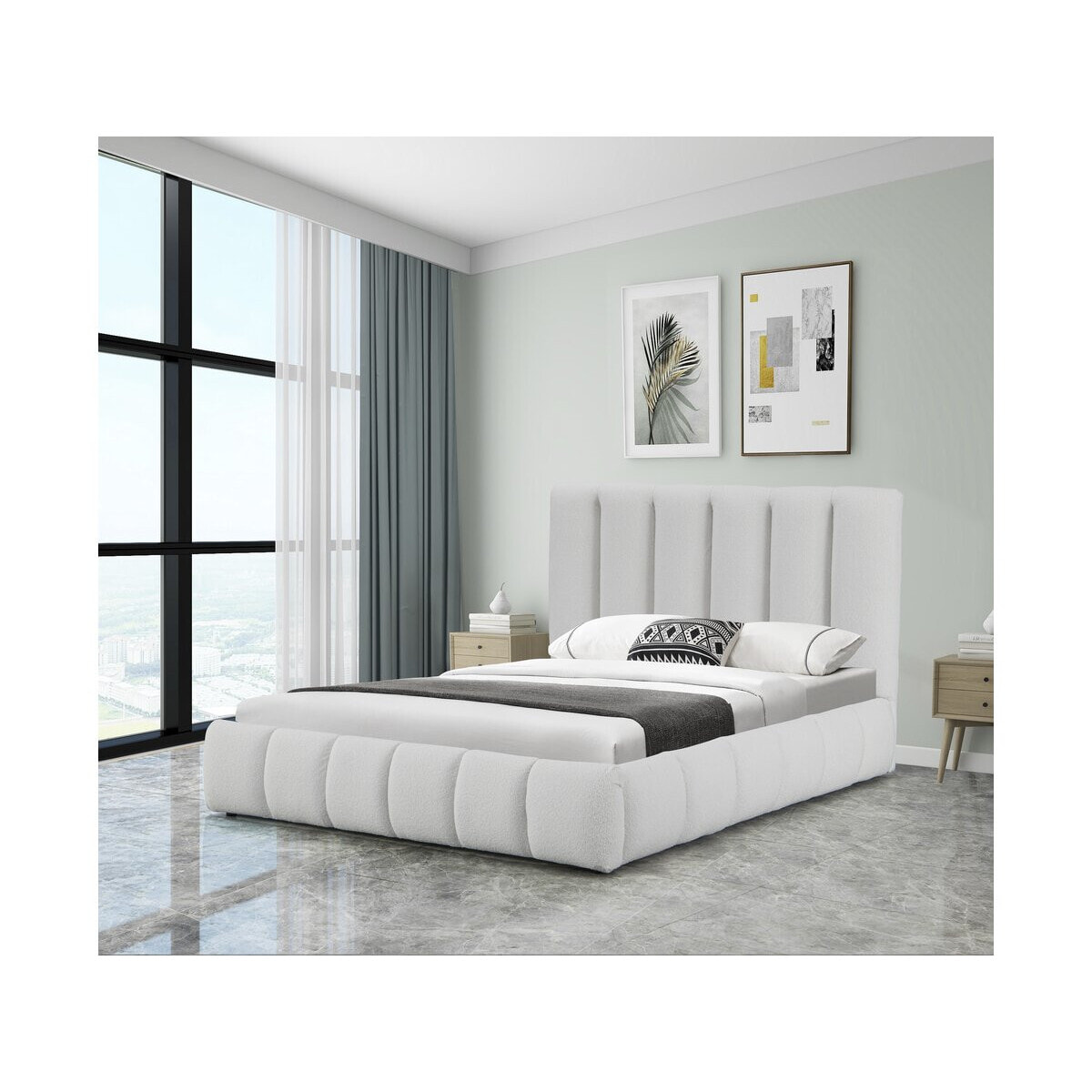 Lit bouclette avec coffre "Annie" - 160 x 200 cm - Blanc