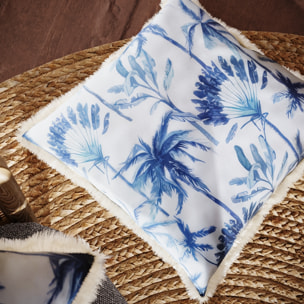 Coussin carré feuillage tropical bleu