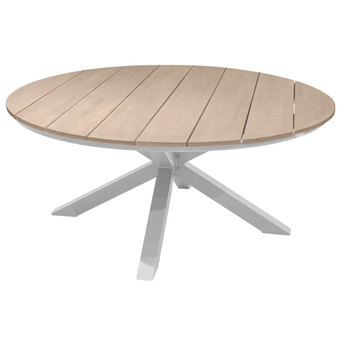 Table de jardin ronde "Oriengo" acacia certifié FSC & blanc 8 places en aluminium traité époxy