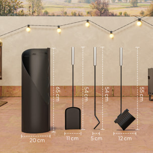Juego Utensilios Chimenea de 4 Piezas, Juego de Accesorios para Chimenea de Metal con Escoba, Pala, Atizador y Cubo, 20x20x65 cm, Negro y Plateado