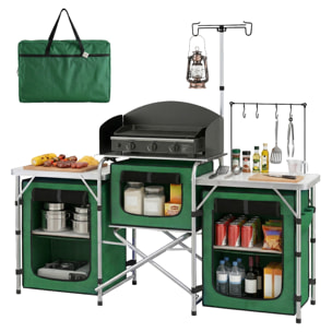 Mueble Cocina Camping Armario Camping Plegable con Mesas Armarios Ganchos Estructura de Aluminio Poste de Luz Ajustable Paravientos y Bolsa de Transporte para Acampada 172x48x130 cm Verde