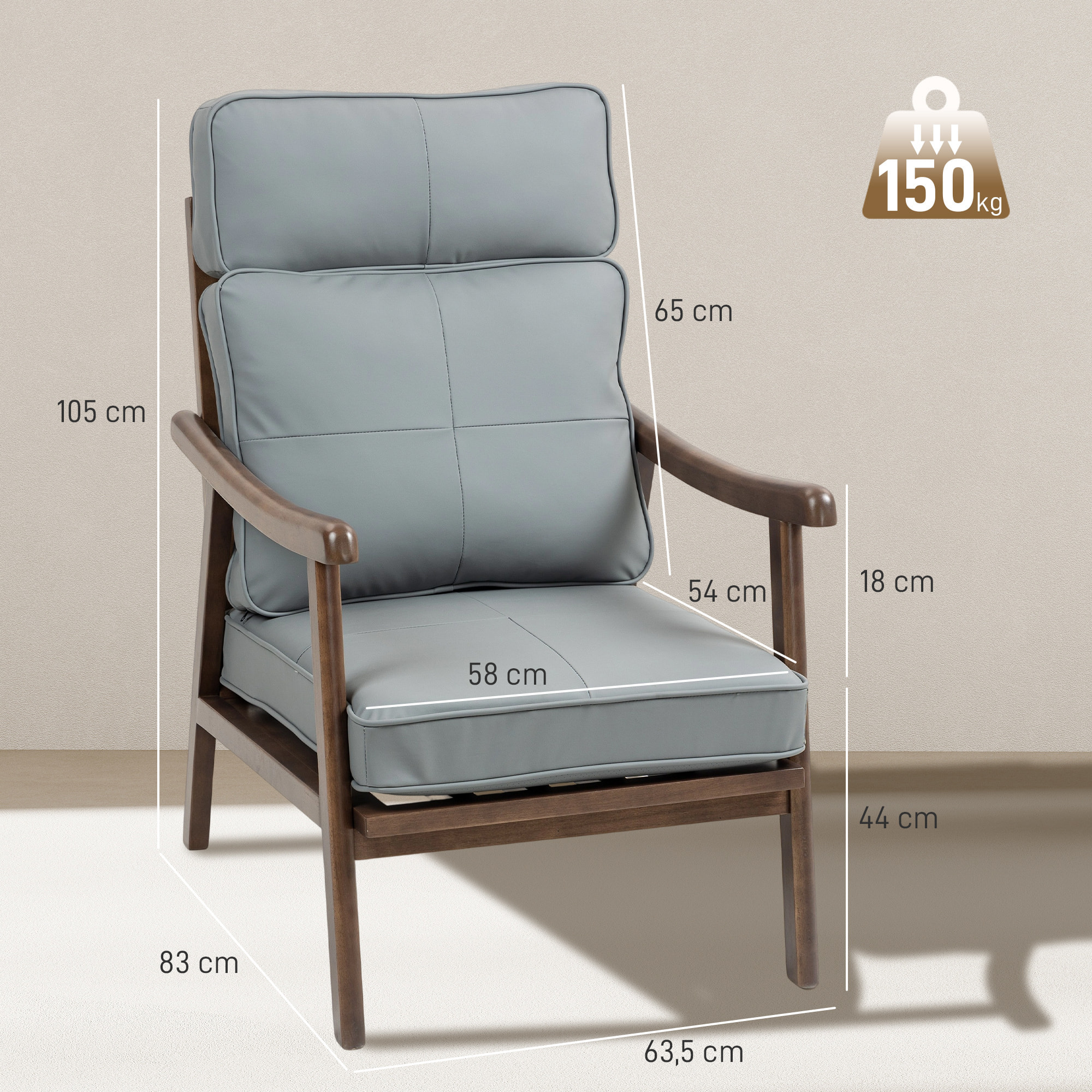 Butaca de Salón Sillón de Salón Tapizado en PU con Marco de Madera Cojines Acolchados Gruesos Respaldo Alto Carga 150 kg Sillón Lectura para Sala de Estar Dormitorio Gris y Madera Nogal
