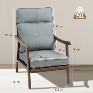 Butaca de Salón Sillón de Salón Tapizado en PU con Marco de Madera Cojines Acolchados Gruesos Respaldo Alto Carga 150 kg Sillón Lectura para Sala de Estar Dormitorio Gris y Madera Nogal