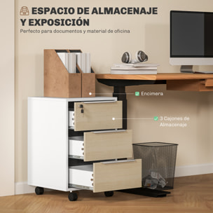 Cajonera de Oficina Mueble Archivador con Ruedas 3 Cajones Cerradura y 2 Llaves para Estudio Salón 40x40x63,5 cm Blanco y Roble