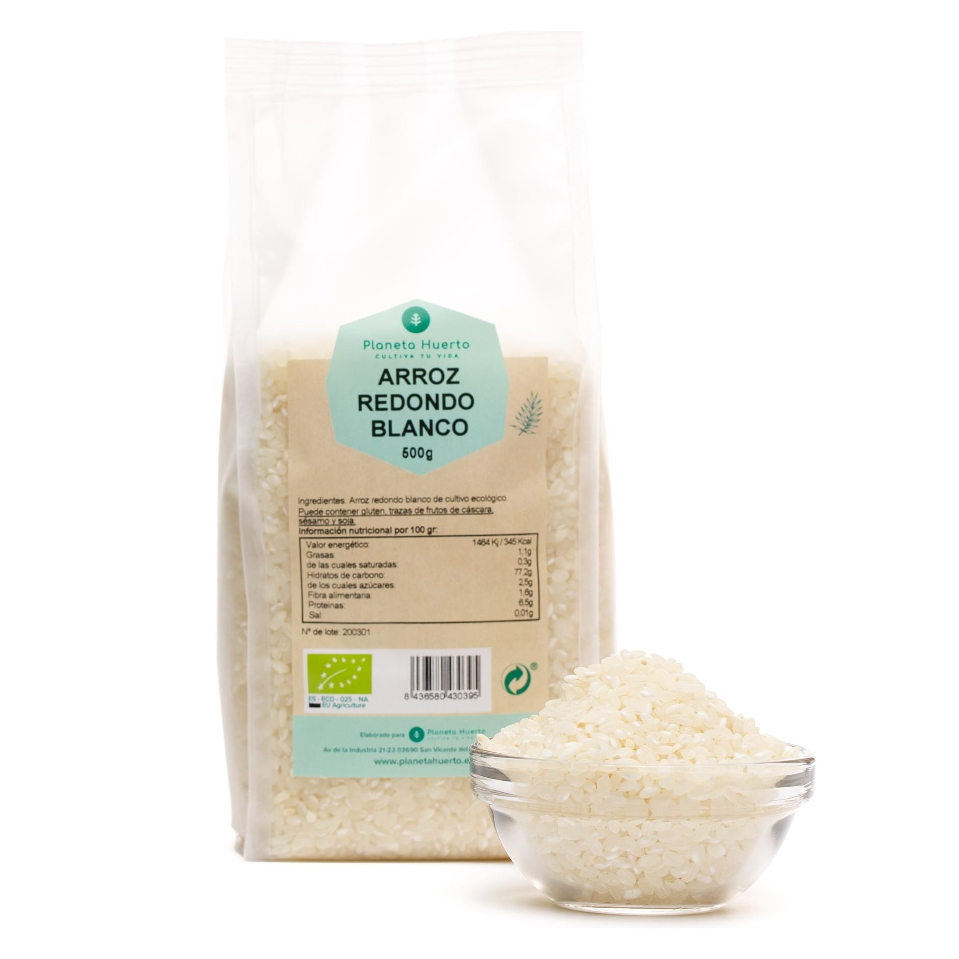 PLANETA HUERTO | Arroz Redondo Blanco ECO 500 g - Arroz Blanco Ecológico de Grano Redondo, Ideal para Platos Tradicionales y Saludables, Rico en Hidratos de Carbono