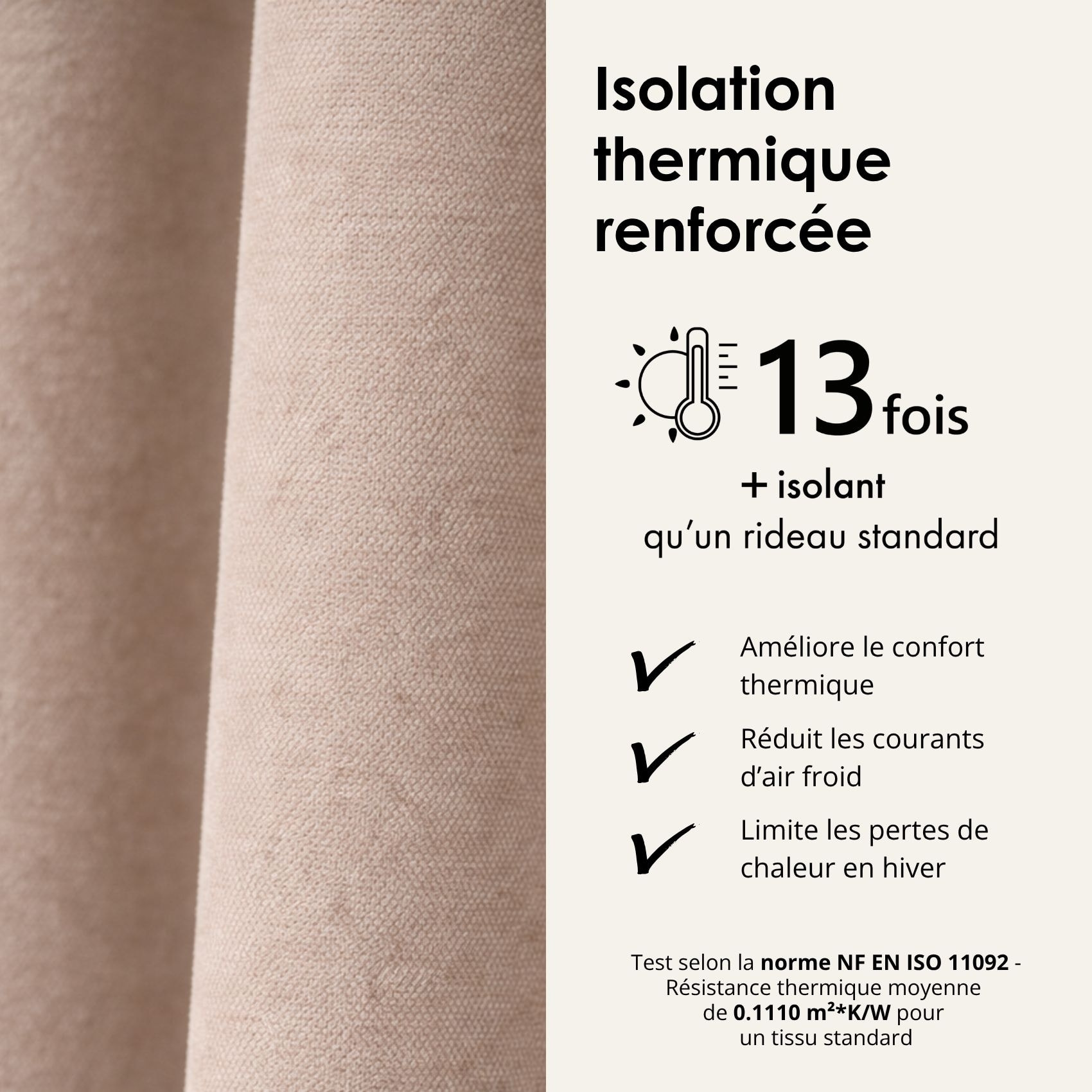Rideau thermique phonique et semi occultant à galons fronceurs KONFOR - Beige