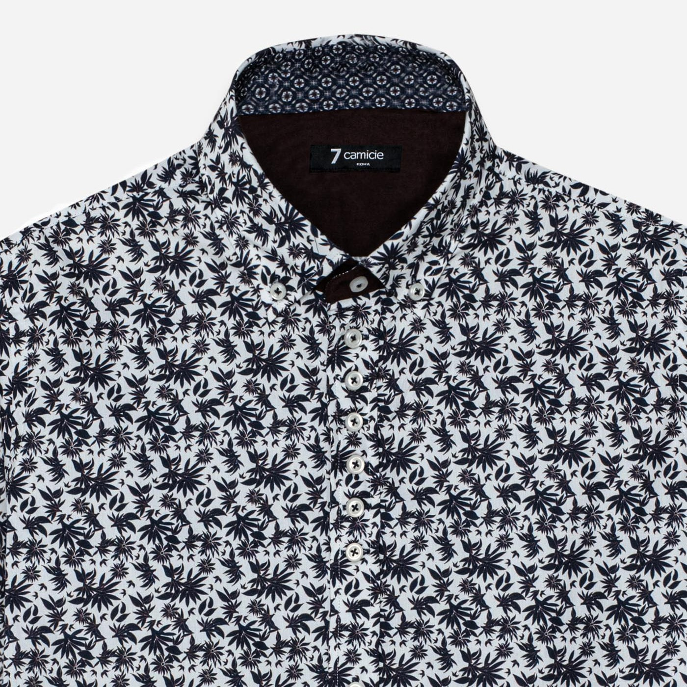 Camicia Uomo 1 Bottoni Button Down Slim Popeline Stampato Bianco e Blu