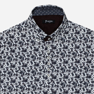 Camicia Uomo 1 Bottoni Button Down Slim Popeline Stampato Bianco e Blu