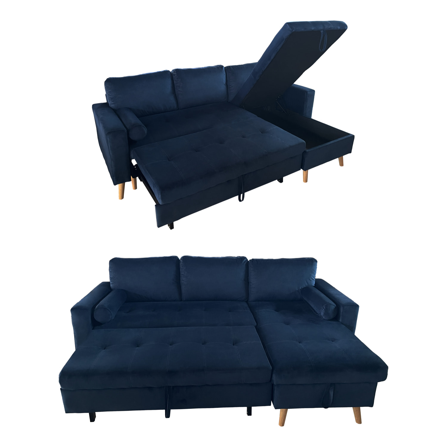 Canapé d'angle convertible JAMES 3 places en velours bleu