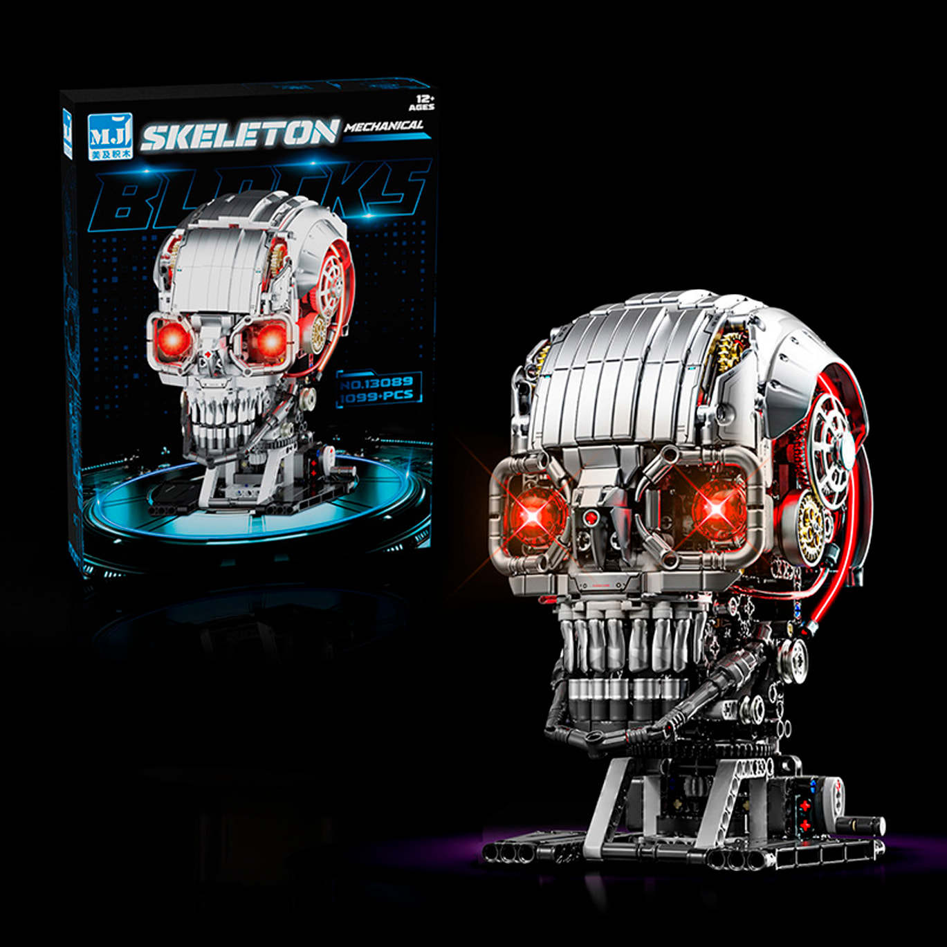 Maqueta 3D mecanizada de calabera con 1099 piezas, equipada con luces y mecanismo de manivela que permite movimiento dinámico.