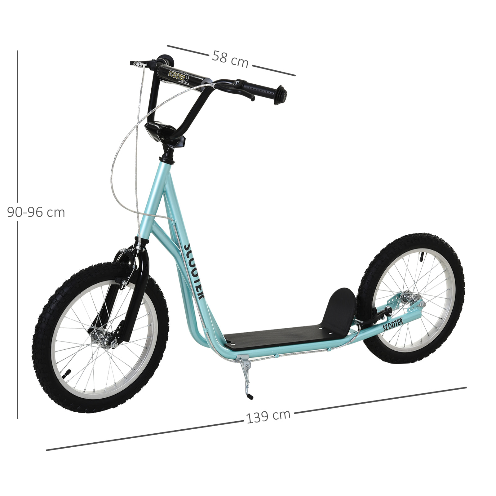Patinete para Niños +5 Años, Patinete Infantil de 2 Ruedas, con Manillar Ajustable en Altura, 2 Neumáticos de Caucho Inflable, Doble Freno, Carga 100 kg, 139x58x90-96 cm, Azul Claro