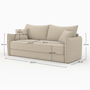 Canapé convertible 3 places en tissu effet lin beige - Céleste