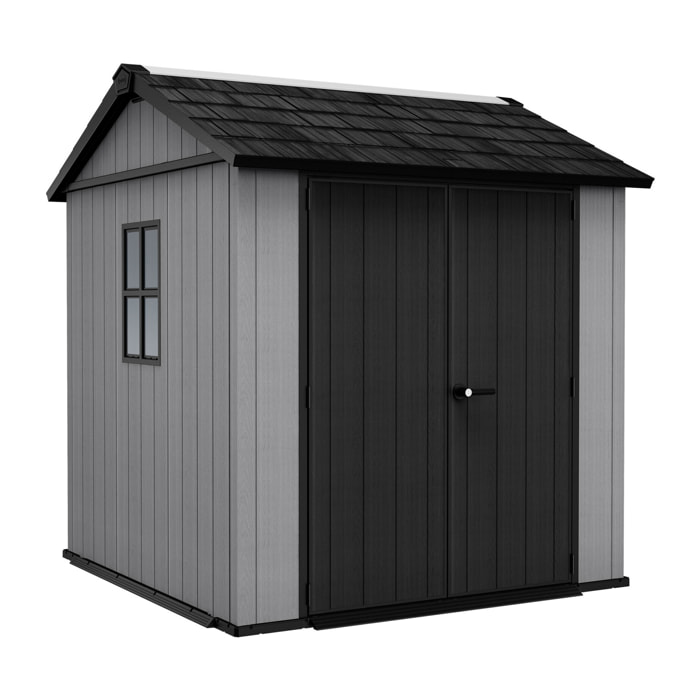 Newton + 757/775 - Casetta da Giardino 223x246x230 cm 2 Ante per deposito attrezzi finitura effetto legno Evotech+ in Resina Grigio e Nero