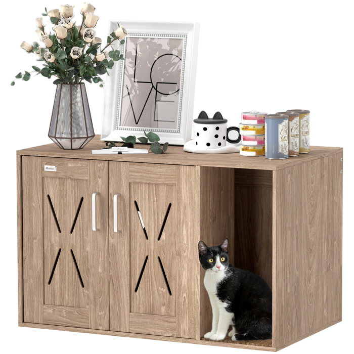 Mueble Arenero para Gatos 3 en 1 Nido Mesa Auxiliar Caja de Arena para Gatos con Puertas Estera para Rascar y Compartimento para Salón Dormitorio 80x48x50,5 cm Marrón