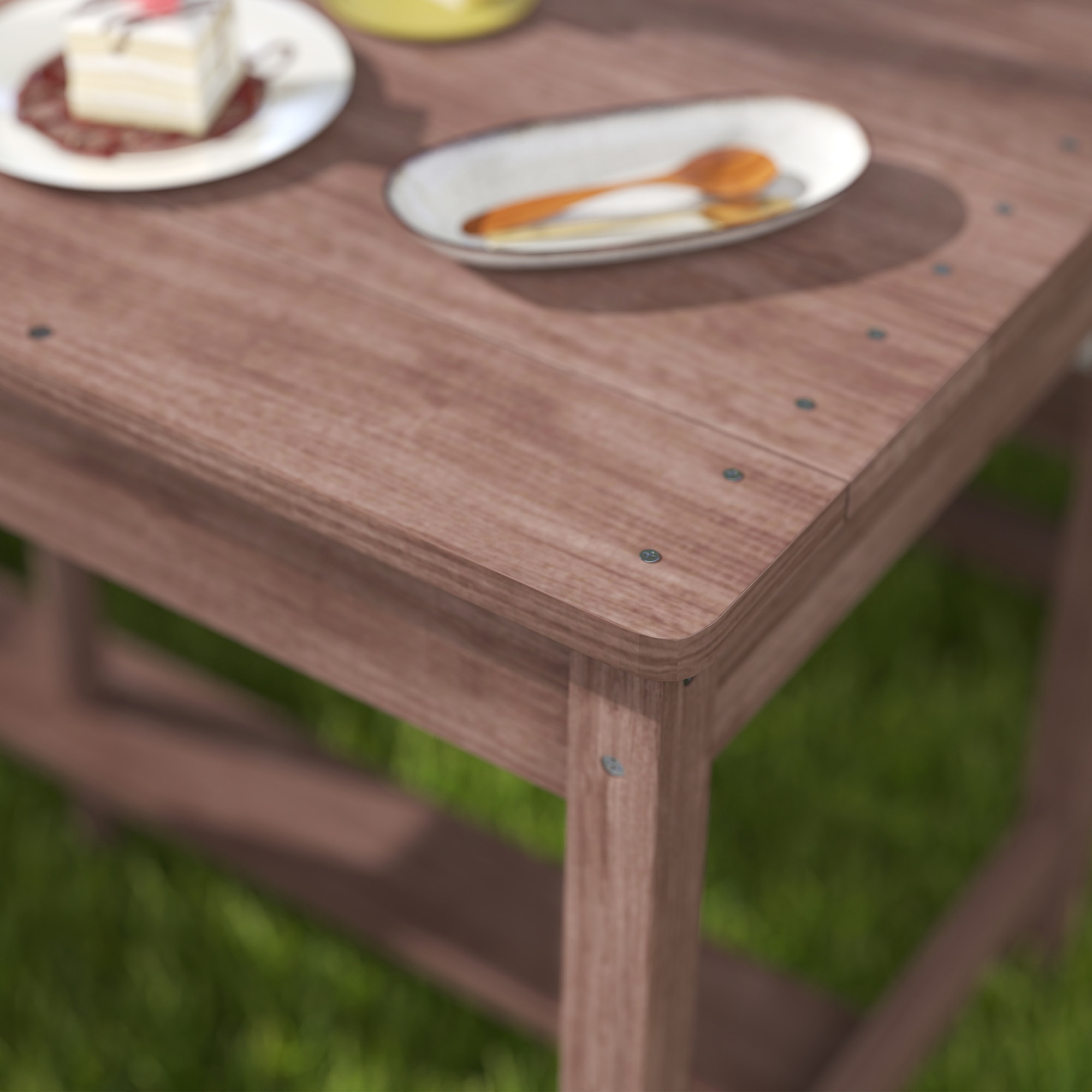 Table pique-nique enfant - ensemble salon de jardin enfant - 2 bancs, coussins et parasol - bois brun